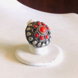 Vintage Broken Red Coral Tribal Silver Ring Big